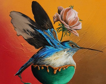 Colibrí arte impresión "Nave nodriza" 5x7 pulgadas en papel texturizado firmado naturaleza surrealista pintura de aves extraña naranja rojo azul flor rosa hoja