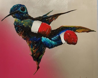Boxeo Colibrí Arte Impresión "Jaque mate" 5x7 pulgadas en papel texturizado firmado naturaleza surrealista pintura de aves extraño rosa gris azul boxeador deportes