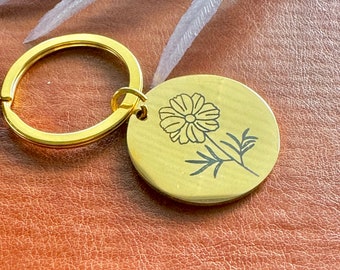 Customized Metal keychain, Gift for Him,Personalized Birth Month Flower, Personalized gift for her, Engraved Pet Tag