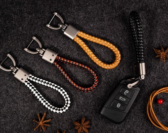 Wristlet car keychain, Car Keychain Genuine Leather Keychain Metal Keychain Hand woven keychain, Car keychain lanyard, Gift for Boyfriend