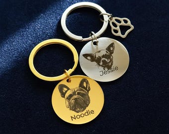 Engraved Pet Photo Keychain, Custom Dog Portrait Keyring, Personalized Cat Picture Gift, Pet Loss Memorial Keepsake, Gift for Dog Dad
