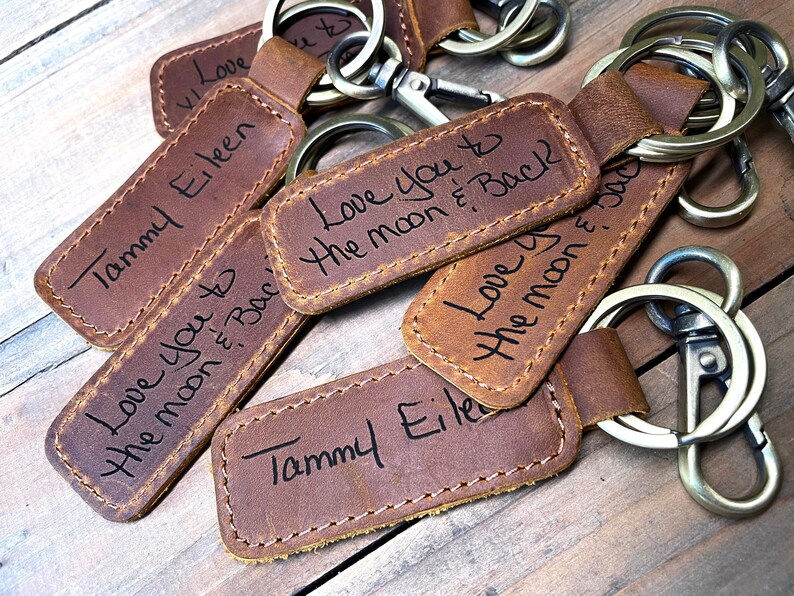 Handwriting Custom Keychain Genuine Leather Keychain Embossed Etsy
