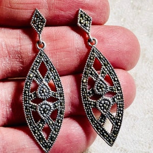 Antique Art Deco long sterling silver dangle earrings with marcasites.