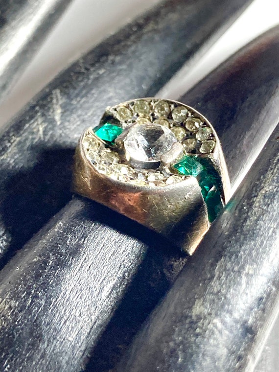 Antique Victorian emerald green glass princess cut paste ring.