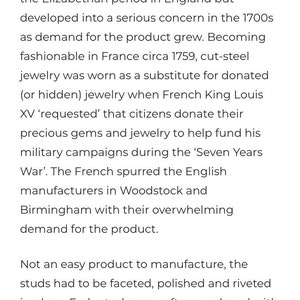 May include: A text-based image explaining the history of cut-steel jewelry, which was popular in the 1700s. The text mentions that cut-steel jewelry was worn as a substitute for donated jewelry during the Seven Years War.