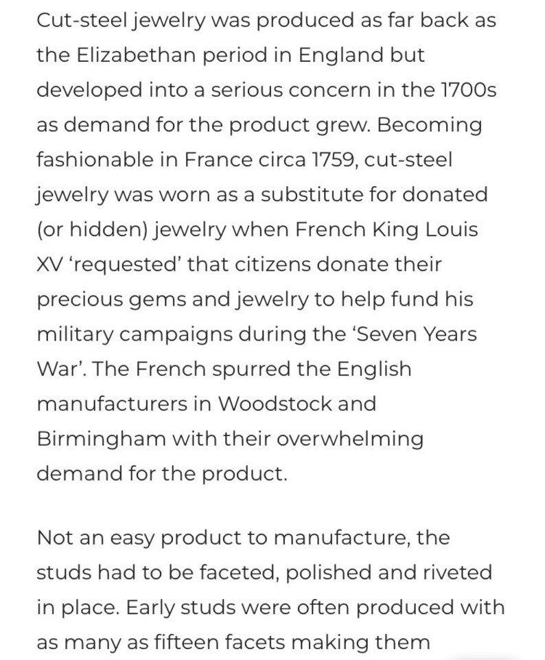 May include: A text-based image explaining the history of cut-steel jewelry, which was popular in the 1700s. The text mentions that cut-steel jewelry was worn as a substitute for donated jewelry during the Seven Years War.