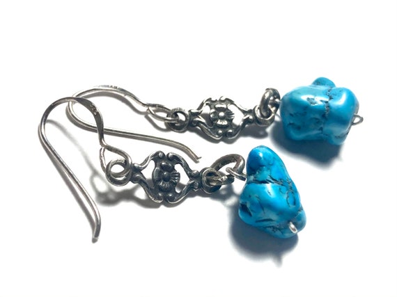 Antique rock turquoise & floral sterling silver d… - image 7