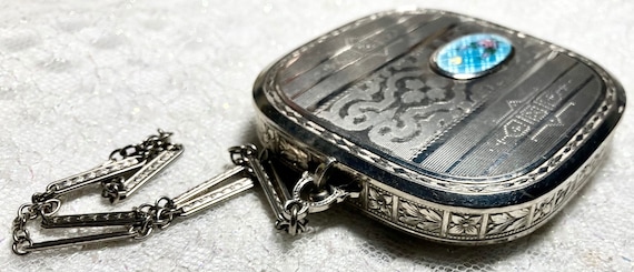 Edwardian silver guilloche enameled compact coin … - image 3