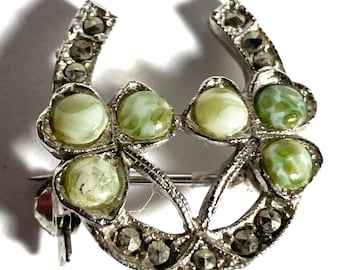 Antique Edwardian three leaf clover & Connemara marble brooch pin.