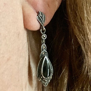 Antique Art Deco sterling silver & black onyx dangle earrings.