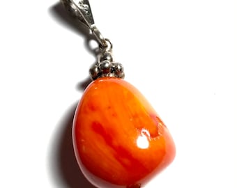 Vintage coral & sterling silver pendant Highly polished.