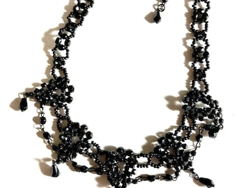 Antique Victorian french jet black festoon cascading drop mourning beaded necklace