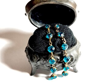 Antique Victorian blue zircon glass paste dangle earrings with 14k gold gilded pierced earrings.