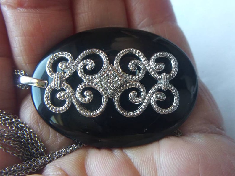 Gift for her Diamond /& black onyx sterling silver pendant with 3 strand necklace melee diamonds vintage item