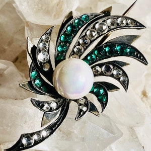 Victorian silver paste brooch. Rose cut paste & faux glass pearl in 800 silver with gold vermeil. Fully hallmarked. Gift for her.