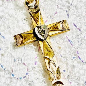 Antique Victorian diamond heart cross pendant necklace in 12k gf tri colored gold with Original 12k GF chain.