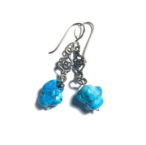 Antique rock turquoise & floral sterling silver d… - image 1