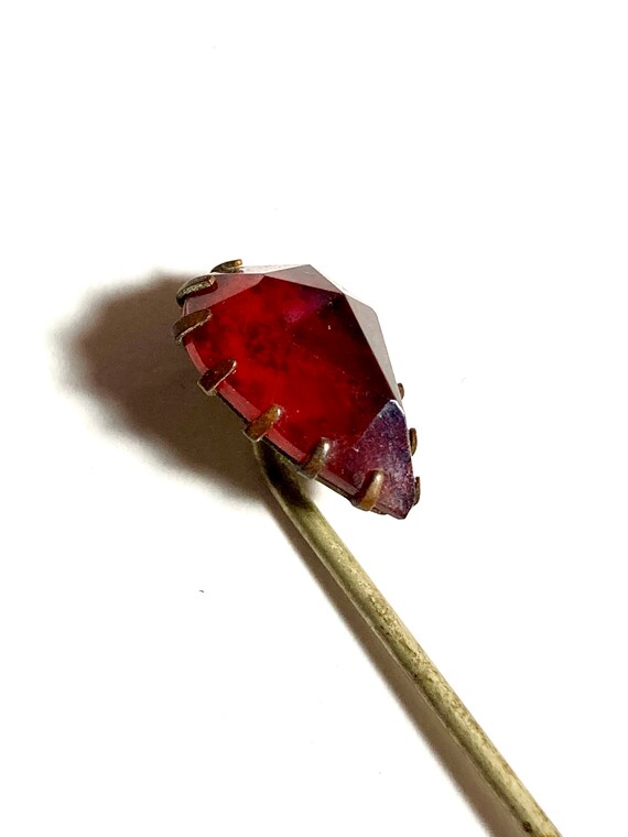 Antique red garnet paste stick pin with a large f… - image 1