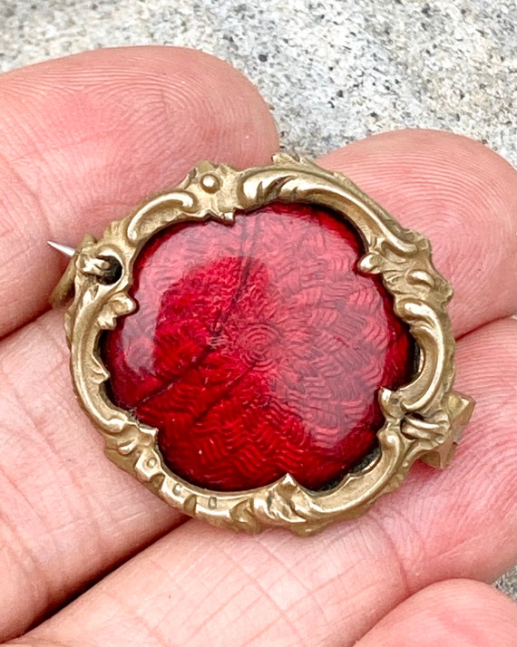 Antique Victorian red guilloche brooch in gold gilded brass.