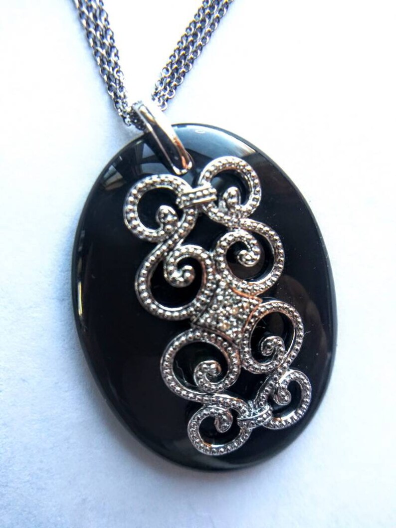Gift for her Diamond /& black onyx sterling silver pendant with 3 strand necklace melee diamonds vintage item