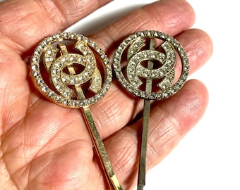 Vintage two Chanel bobbie pins in silver & rose gold metal with cz gemstones.