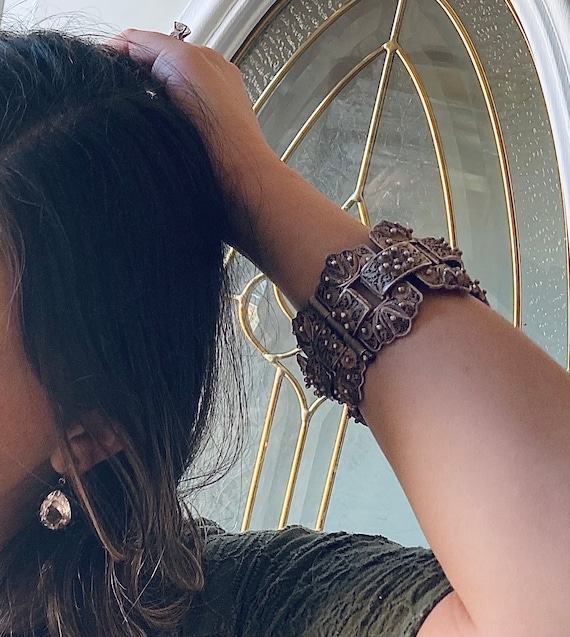 Antique Victorian electrum, sterling silver & gold cannetille filigree panel bracelet. Georgian to Victorian era. Museum quality!