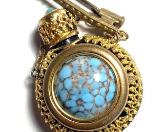 Antique perfume bottle brooch. Edwardian era 1901-1914. Cobalt blue glass with gold tombac filigree. Gift for her.