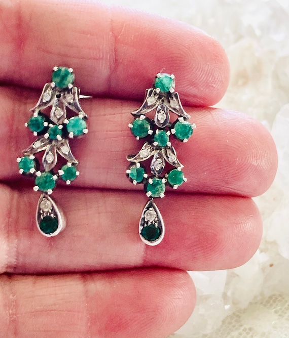 Victorian Diamond & Emerald Chandelier Earrings. 18k Diamond 