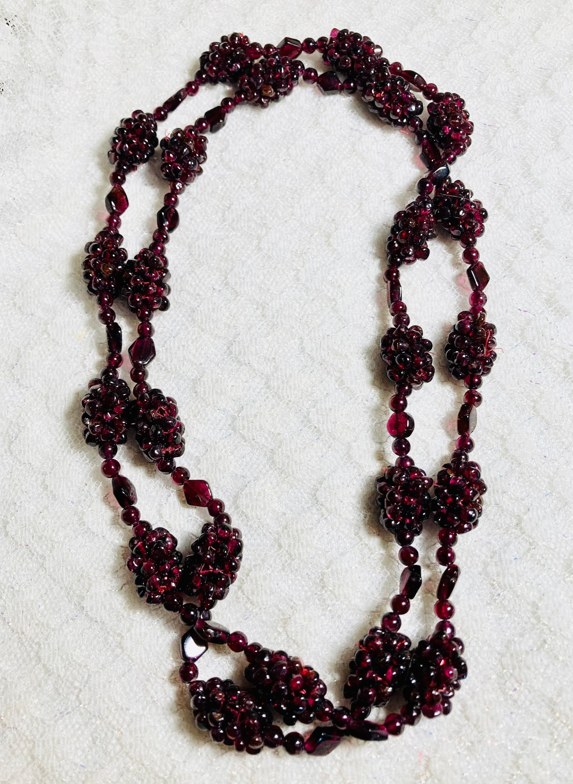 Vintage 1980s Woven Bohemian Garnet Bead Rope Necklace with