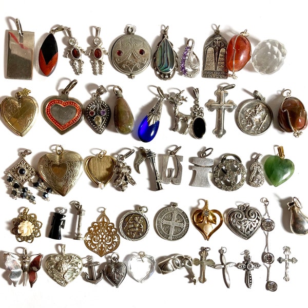 Sale on Antique to vintage sterling silver charms & pendants hearts cross letters ingot etc. Each sold separately.