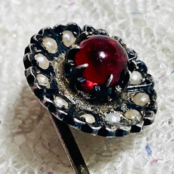 Antique Victorian garnet & seed pearl silver stick pin. 14k gold gilded over 800 silver. Gemstone stick pin. Gift for her.