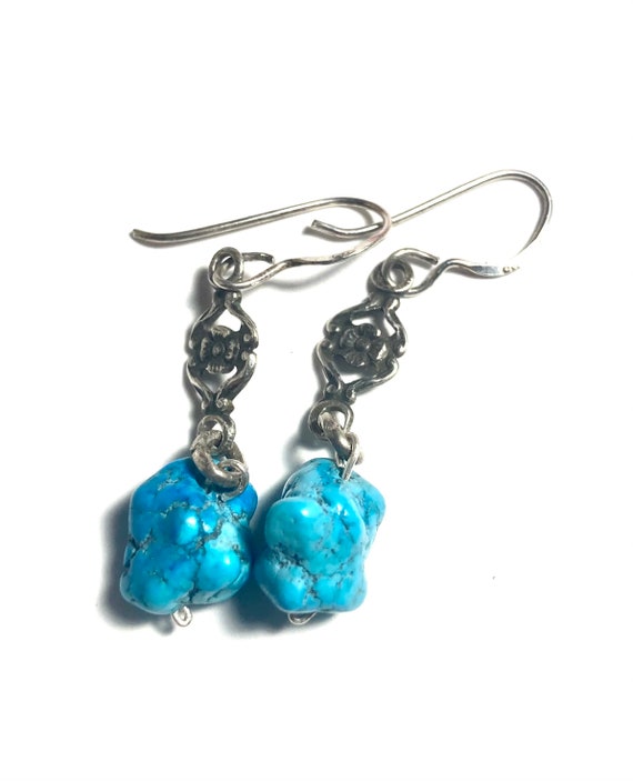Antique rock turquoise & floral sterling silver d… - image 2