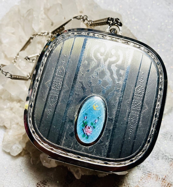 Edwardian silver guilloche enameled compact coin … - image 1