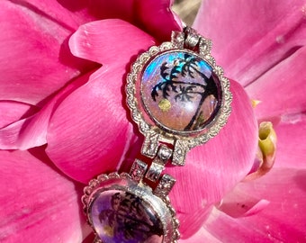 Art Deco butterfly wing bracelet. Morpho butterfly wing bracelet. Tropical scene. Antique era 1920-1935. Gift for her.