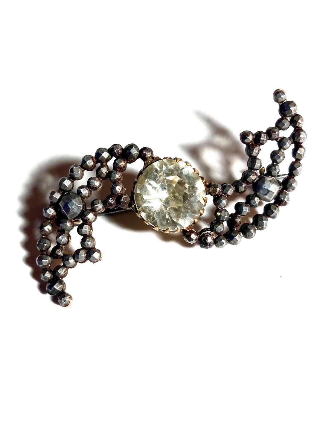 5ct Cut Steel Brooch. Antique Glass Paste & Cut Steel Brooch