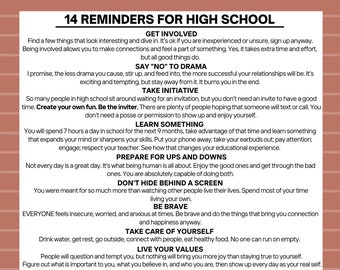 Printable 14 Reminders for High Schoolers Going Back to School