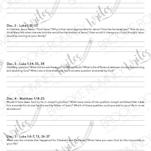 May include: A black and white printable worksheet with five sections, each with a title and a space for writing. The titles are "Dec. 1 - Luke 1:26-31", "Dec. 2 - Luke 1:31-33", "Dec. 3 - Luke 1:34-35, 38", "Dec. 4 - Matthew 1:18-25", and "Dec. 5 - Luke 1:6-7, 13, 36-37".