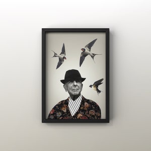 8"x10" poster with illustration by Leonard Cohen | Singer | Musician | Music | Poet | Birds | Swallows | Portrait | Art | Collage