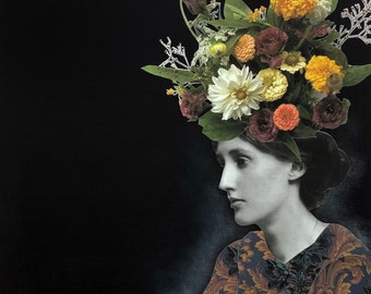 Oeuvre originale | Peinture acrylique | Collage photo | Virginia Woolf | Fleurs | Écrivaine britannique
