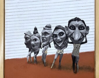 Origineel werk | Carnavalsdag | acrylverf | fotocollage | vintage foto | carnaval | strand | Masker