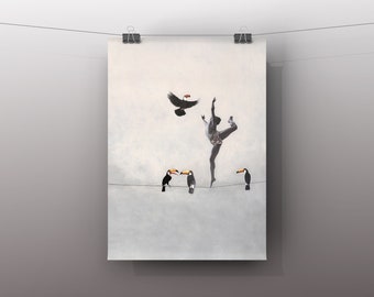 8"x10" poster with illustration Conversation of toucans | Man | art | Tropical | Birds | Vintage photo | Tightrope walker