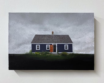 Oeuvre originale | peinture acrylique | collage photo | vieille maison | ciel nuageux | art mural | design