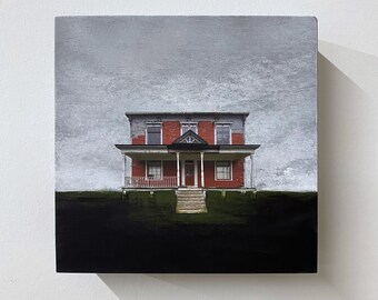Oeuvre originale | peinture acrylique | collage photo | vieille maison | ciel nuageux | art mural | design