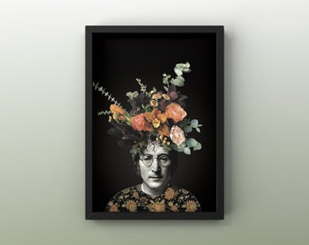 Affiche 8"x10" avec illustration de John Lennon | Chanteur | The Beatles | musicien | Fleurs | Art | Légende | Militant