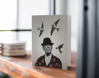 Wenskaart met illustratie van Leonard Cohen | Zanger | Muzikant | Dichter | Vogels | Zwaluwen | Portret | Kunst | Collage