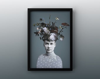 Affiche 8x10 avec illustration de NELLIE BLY | femme | journaliste | fleurs | photo ancienne | impression | poster