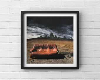 Reproduction of the work "Repos" | Fine art paper | 10"x10" | mixed media| sofa | | fields clouds