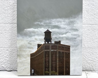 Oeuvre originale | peinture acrylique | collage photo | Van Horne Warehouse | Montréal | art urbain | château d’eau | art mural