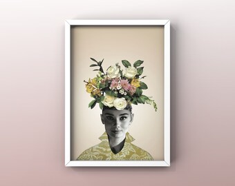 8"x10" poster with illustration of Audrey Hepburn | Actress | Model | Women | Flowers | Art | Print | Collage