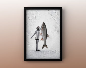 Affiche 8x10 avec illustration FEMME ET POISSON | femme | poisson | plage | mer | rayures | impression | art